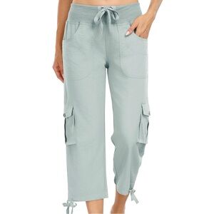Mofiz Womens High Waist Cropped Pant Drawstring Cargo Athleisure Mint Green Sz L